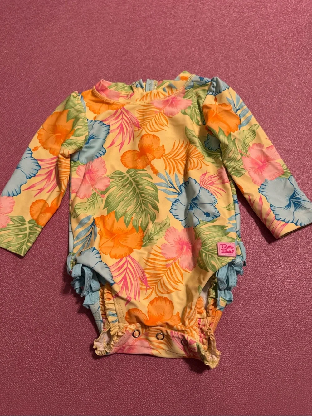 Ruffle Butts Yellow Tropical Floral Long-Sleeve Rashguard One-Piece